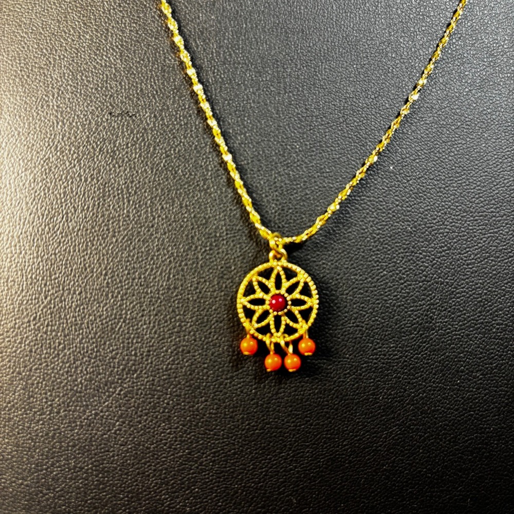 Gold Tone Dreamcatcher Pendant Necklace Red Orange Beaded Rope Chain Bohemian